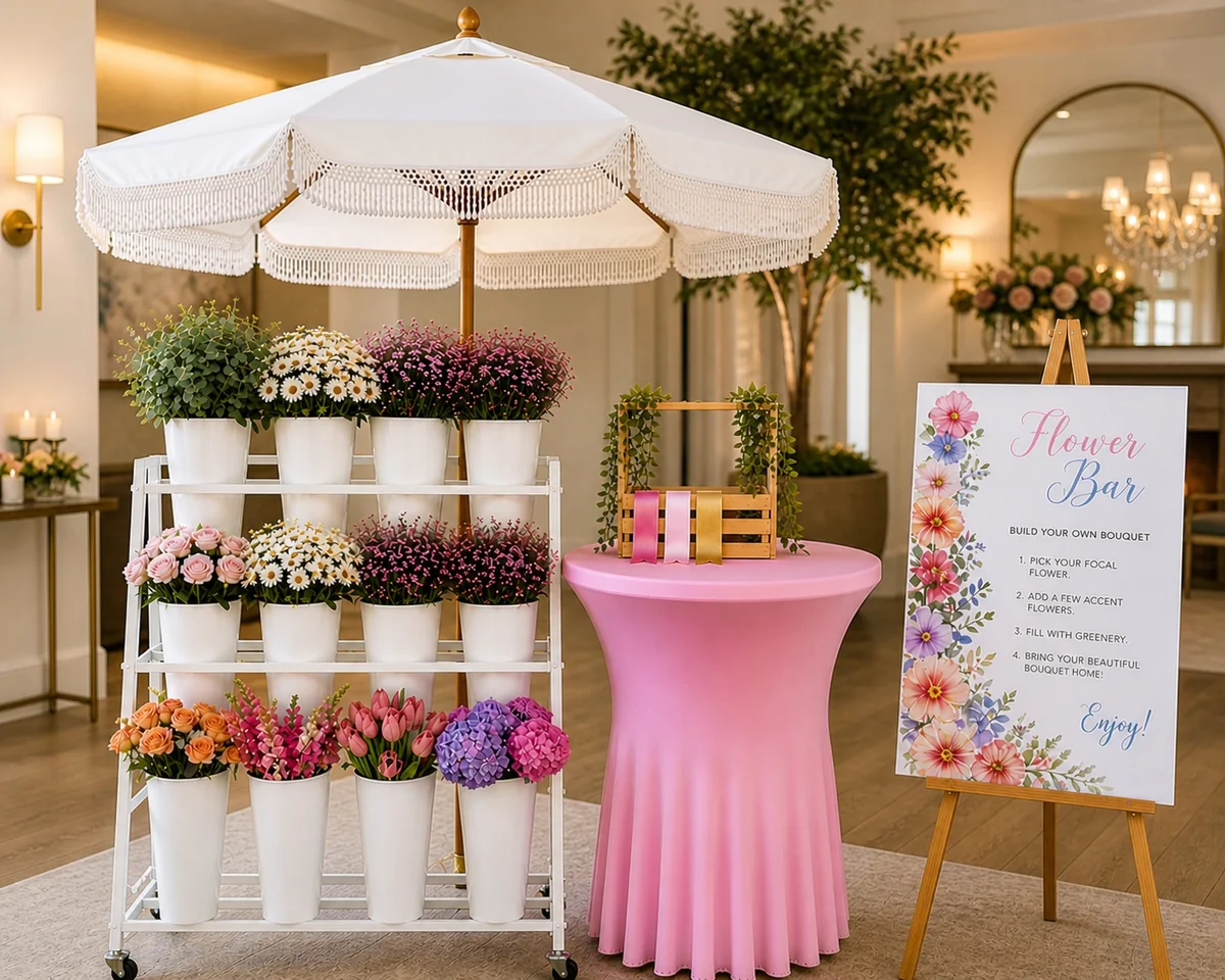 Indoor bloom bar rental setup with white umbrella, pink linen table, and flower display at a Brea event venue