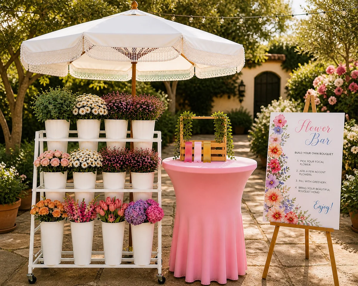 Outdoor bloom bar rental setup with white fringe umbrella and floral sign on a garden patio in Hacienda Heights