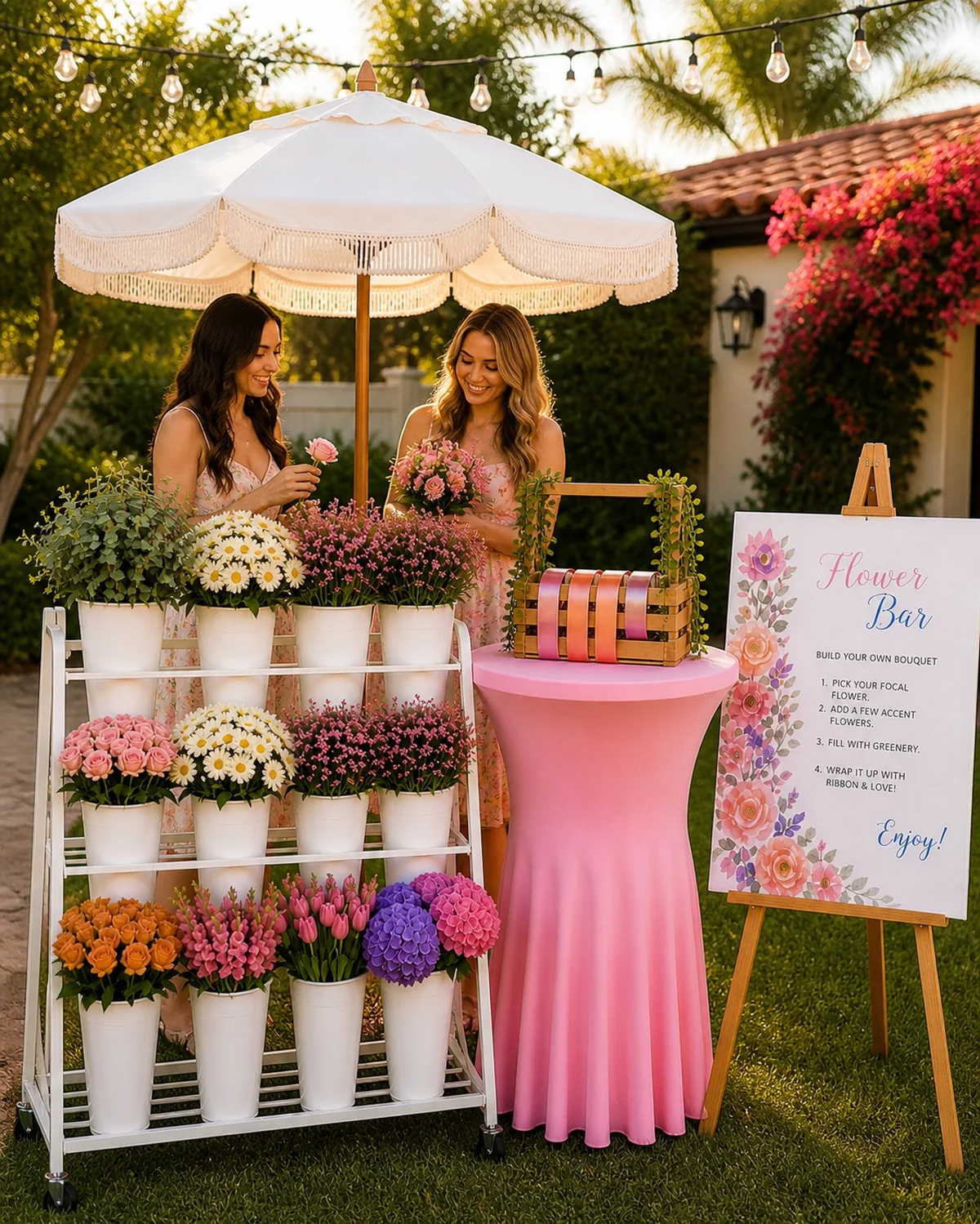 Outdoor bloom bar rental setup with cream fringe umbrella, pink table, and flower stand in a Southern California backyard garden