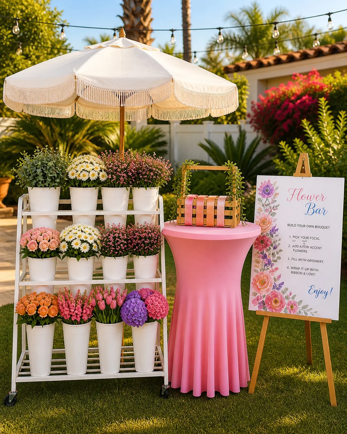 Two guests building bouquets at a bloom bar rental setup in an Orange County backyard with string lights and white fringe umbrella