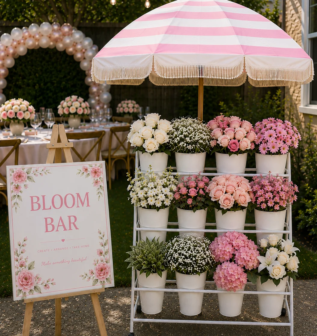 DIY bloom bar rental setup at an Orange County backyard event