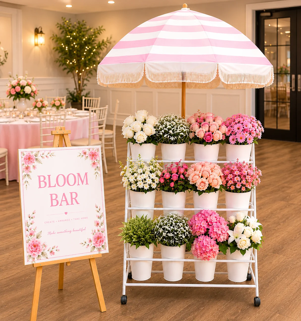 Guests building bouquets at a DIY bloom bar rental in Southern California
