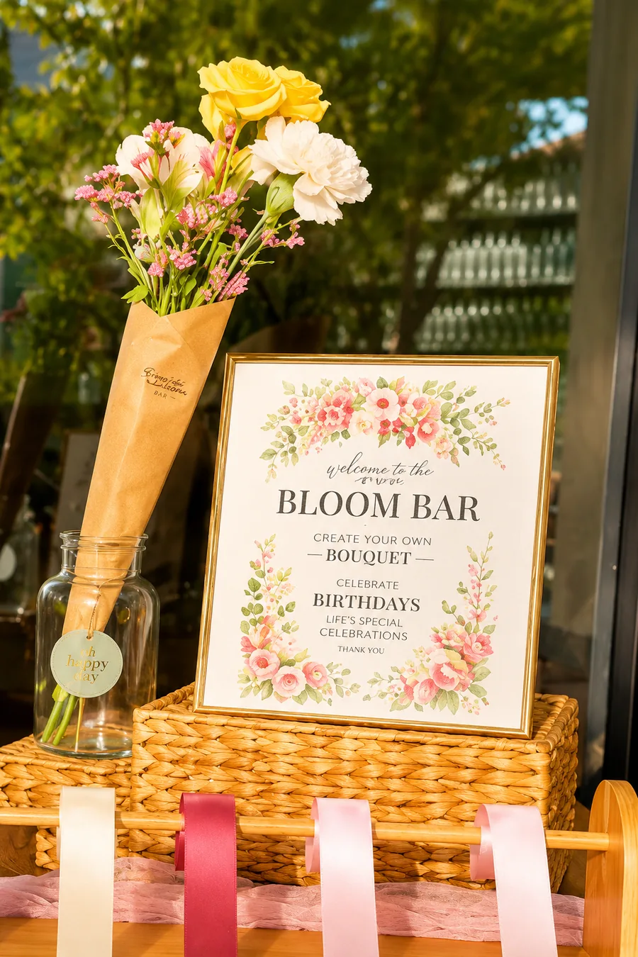 Birthday bloom bar with custom bouquet sign in Orange County