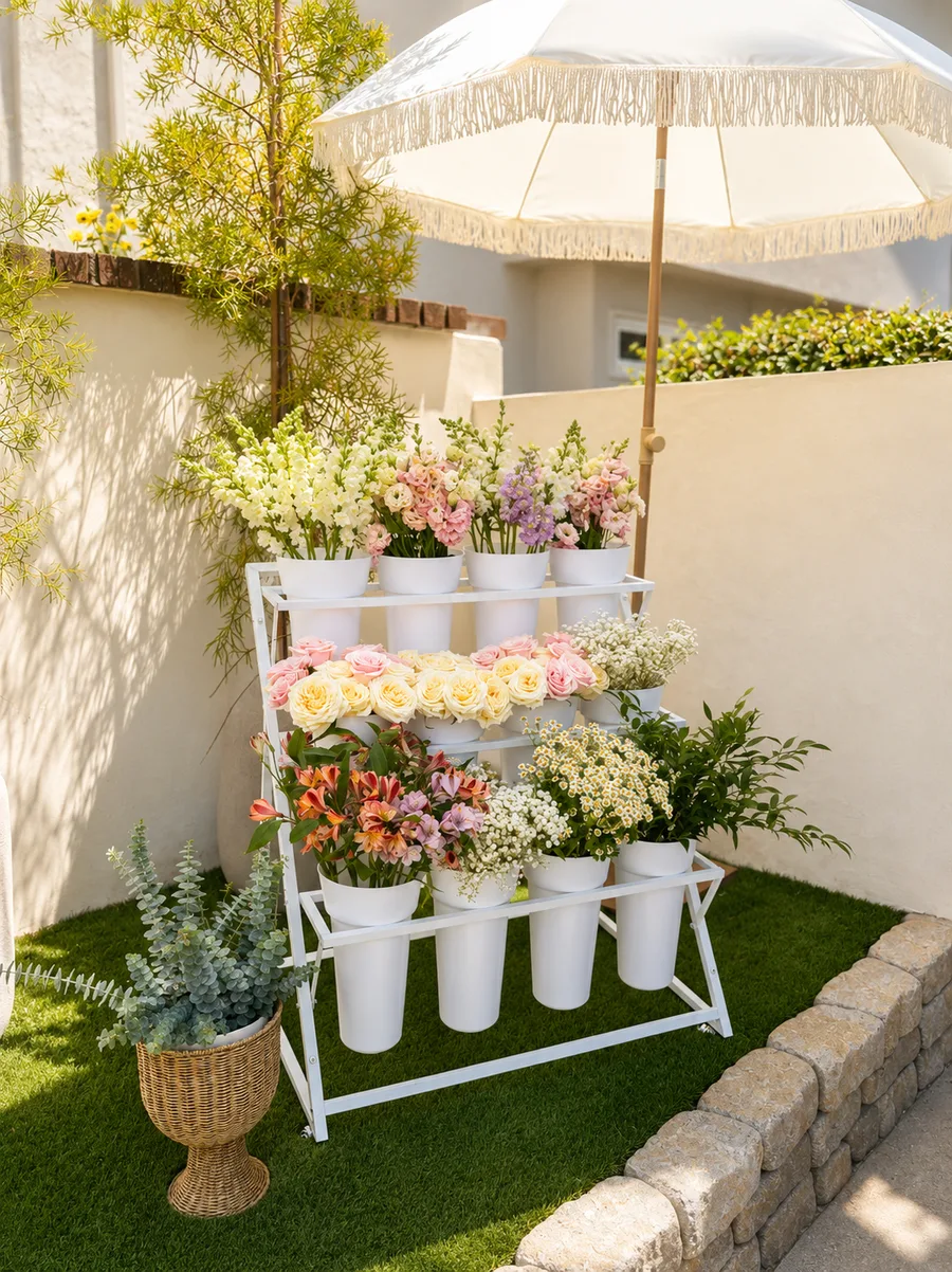 Bloom bar backyard garden setup with tiered rack and fringe umbrella in Orange County