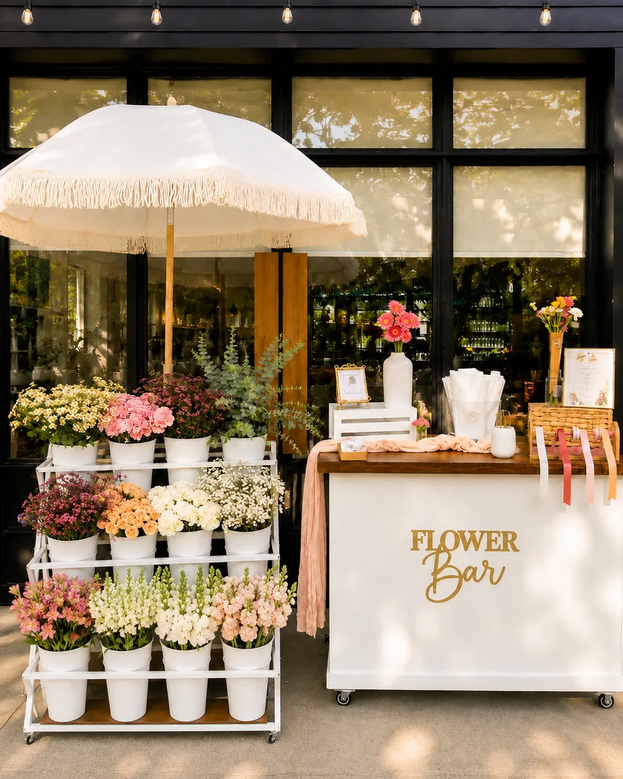 Full Flower Bar setup with tiered rack and bar cart at an outdoor venue in Orange County