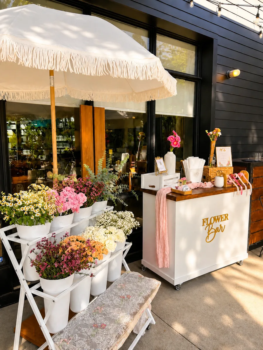 Flower Bar rental setup on a restaurant patio in the afternoon in Orange County