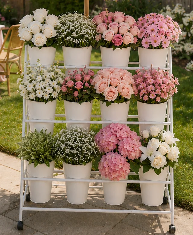 Close-up of DIY flower bar rental with pink and white blooms in white buckets at an Orange County event