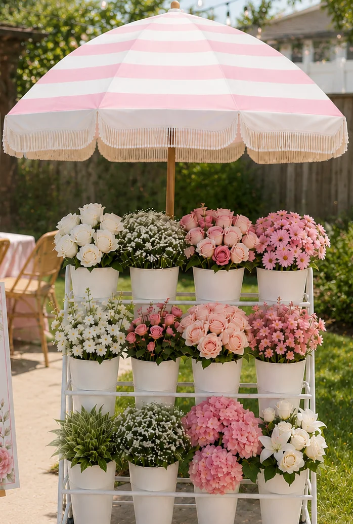 Baby shower flower bar rental with fresh flowers and bouquet-making station in Orange County