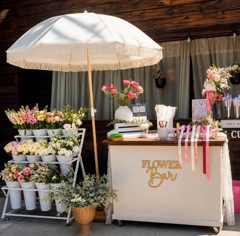 Full bloom bar service setup with cream fringe umbrella and tiered flower buckets at an outdoor event in Orange, CA