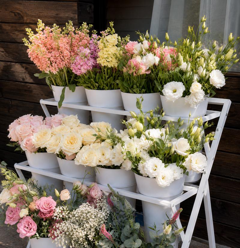 Tiered white flower rack with fresh roses, lisianthus, and stock in white, cream, and pink tones for bloom bar rentals